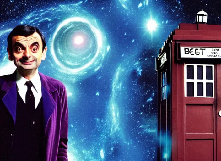 Image similar to product photo still of vhs cover of mr bean as doctor who in front of a nebula through the open door of the tardis on a vhs box