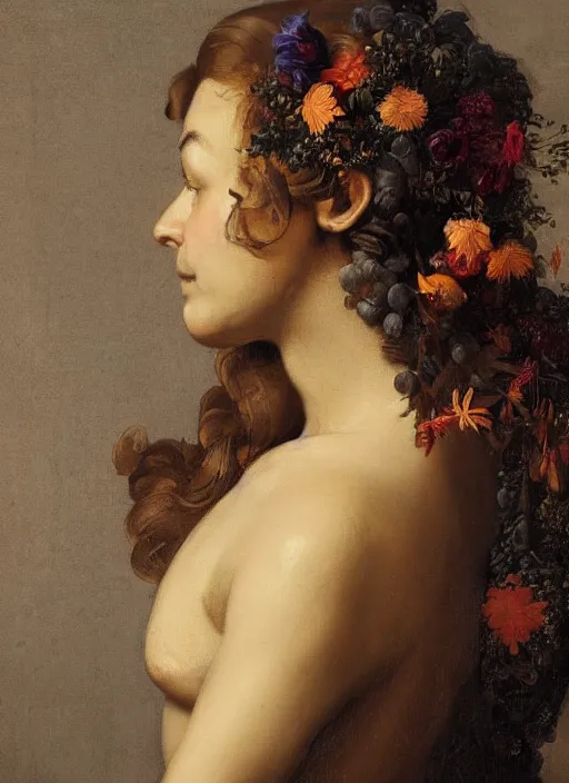 Image similar to a woman's face in profile, with long hair made of still life flowers and fruit, in the style of the dutch masters, dark and moody
