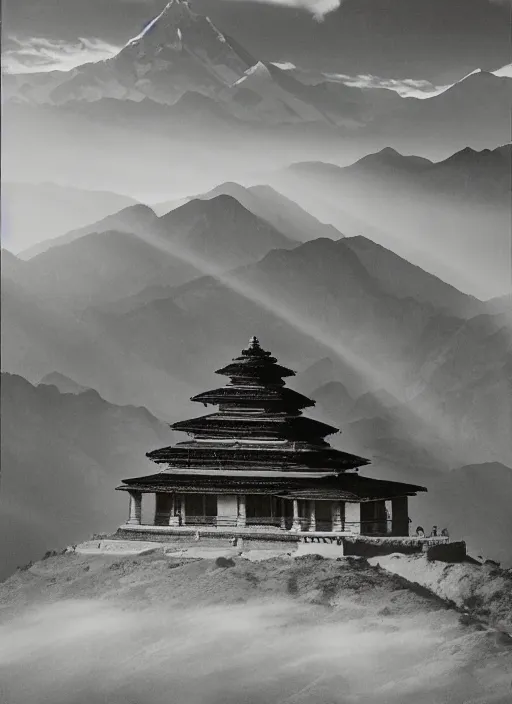 Image similar to hyper realistic and detailed vintage photo of a nepalese temple with rays of the sun shining though smoke and dust with himalayan peaks behind by national geographic