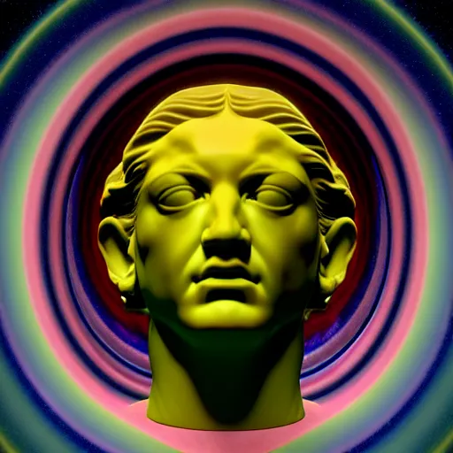 Image similar to 3 d sci - fi cgartist rendering of a hyper realistic marble greek statuary bust floating at the vast pulsating interdimensional fractal space portal at the psychedelic vaporwave event horizon directed by col price, trending on artstation