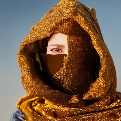 Image similar to female balaclava photography portrait, desert wind, golden particles flying in the air, bokeh, golden hour