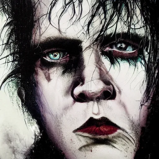Image similar to stunning portrait of gaunt olli wisdom a ( the cure fan ) as dream from sandman, dim stars as eyes, by jeremy mann, by cedric peyravernay, by by russ mills, by richard avedon and ben templesmith, dramatic lightning, sadness, dark eye sockets, in the shadows, punk rock, gothic, high detailed, 8 k