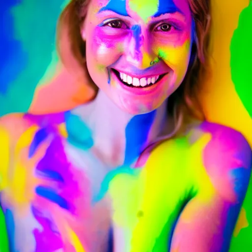 Prompt: a fullbody photo of a female smiling, painted her body with ultraviolet paint, 5 0 mm lens, f 1. 4, sharp focus, ethereal, emotionally evoking, head in focus, volumetric lighting, 8 k