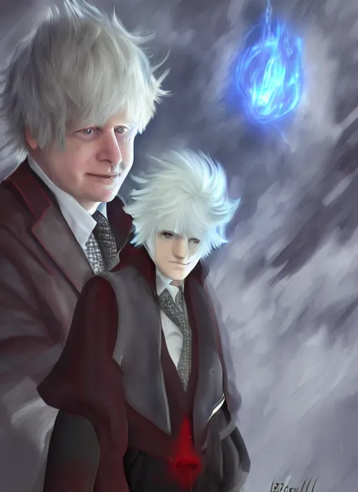 Image similar to Alphinaud Leveilleur meeting Boris Johnson in FF14, digital art