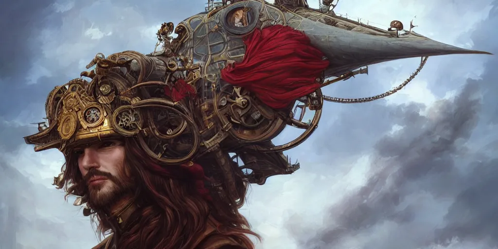 Image similar to 3 / 4 headshot of male airship pirate, d & d, handsome, fantasy, intricate, long hair, airship, steampunk, red hair, elegant, highly detailed, digital painting, artstation, concept art, smooth, sharp focus, illustration, art by artgerm and greg rutkowski and alphonse mucha