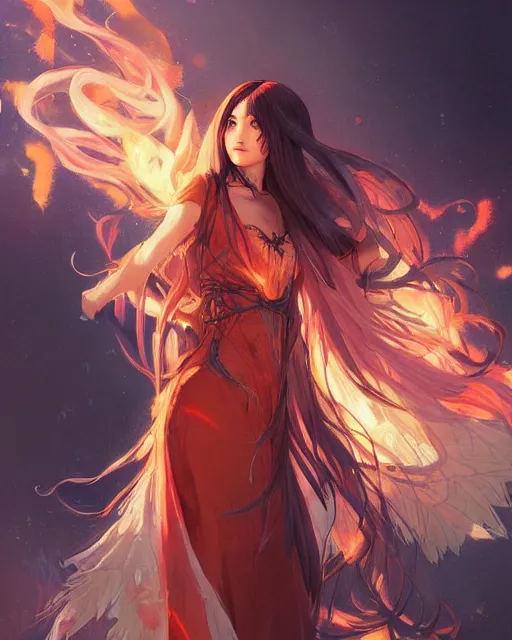 Image similar to beautiful long haired anime girl, fire dress, full body photo, flames everywhere, highly detailed, digital painting, artstation, concept art, smooth, sharp focus, illustration, art by artgerm and greg rutkowski and alphonse mucha