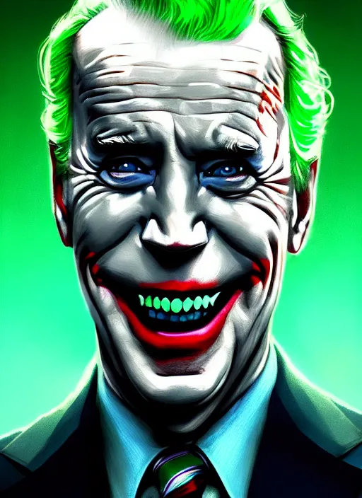 Image similar to portrait of joe biden as the joker, green hair, intricate, elegant, glowing lights, highly detailed, digital painting, artstation, concept art, sharp focus, illustration, art by wlop, mars ravelo and greg rutkowski