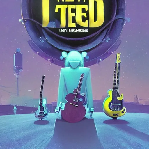 Image similar to the beatles performing with guitars, a giant yellow minion at background, sci fi, art by mike winkelmann, trending on cgsociety, retrofuturism, darksynth, sci - fi