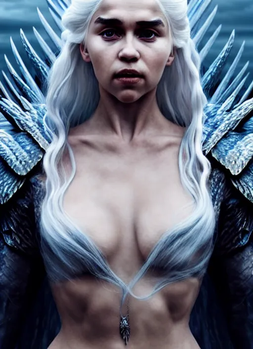 Image similar to photo of kerli koiv as daenerys targaryen in the style of stefan kostic, realistic, half body shot, sharp focus, 8 k high definition, insanely detailed, intricate, elegant, art by stanley lau and artgerm, foggy backgeound