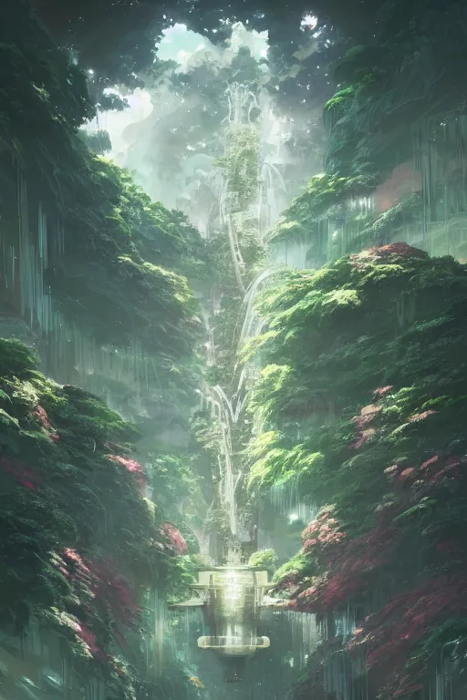 Image similar to portrait of cascading multi level botanical garden spaceship, illustration, concept art, anime, key visual, trending, pixiv, fanbox, by wlop, greg rutkowski, makoto shinkai, studio ghibli, kyoto animation, toon shading, cel shading, vaporwave,