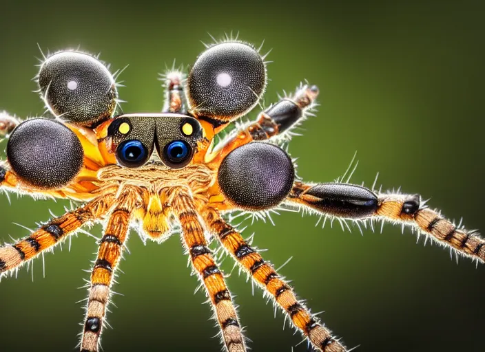 Prompt: super macro of a crystal spider with big eyes sitting on a flower, in the forest. Fantasy magic style. Highly detailed 8k. Intricate. Nikon d850 300mm. Award winning photography.