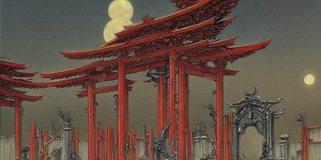 Prompt: the building made by fish bone, by Gerald Brom, Japanese Torii Gate