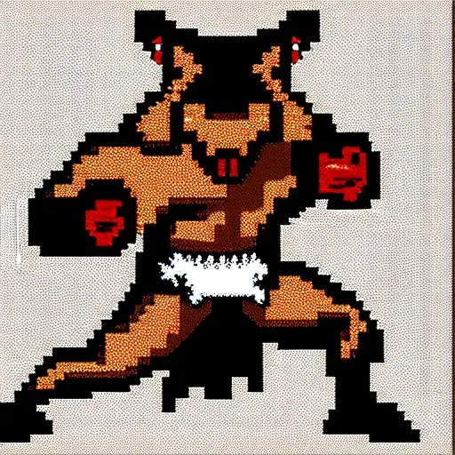 Prompt: extreme long shot. 8 bit nes graphics. antropomorphic muscular masculine wolf. kickboxer fighter in shorts. wolf head. art from nes game cartridge, unreal engine - h 7 6 8