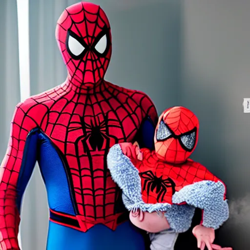 Image similar to realistic photo of spiderman holding baby wearing spiderman costumes, an film still