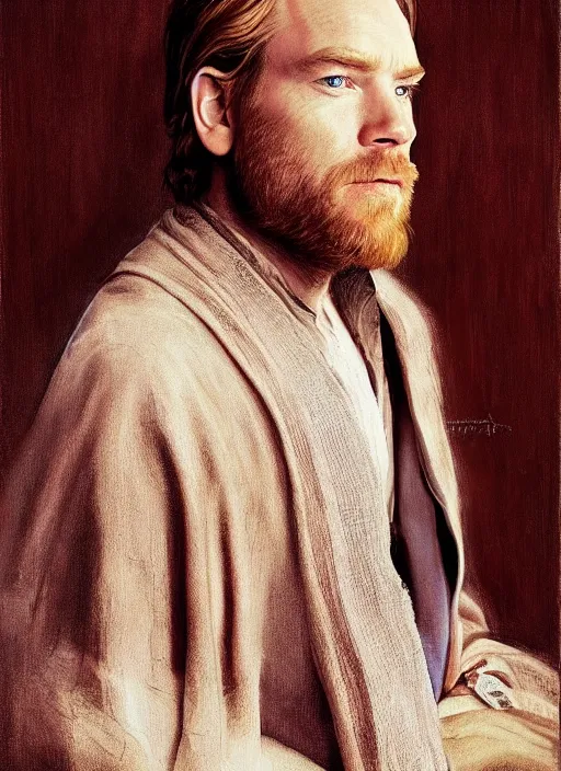 Prompt: Beautiful half body portrait of Ewan McGregor's Obi-Wan Kenobi, intricate, elegant, digital painting, ilustratiom, artwork by Vermeer and alphonse mucha