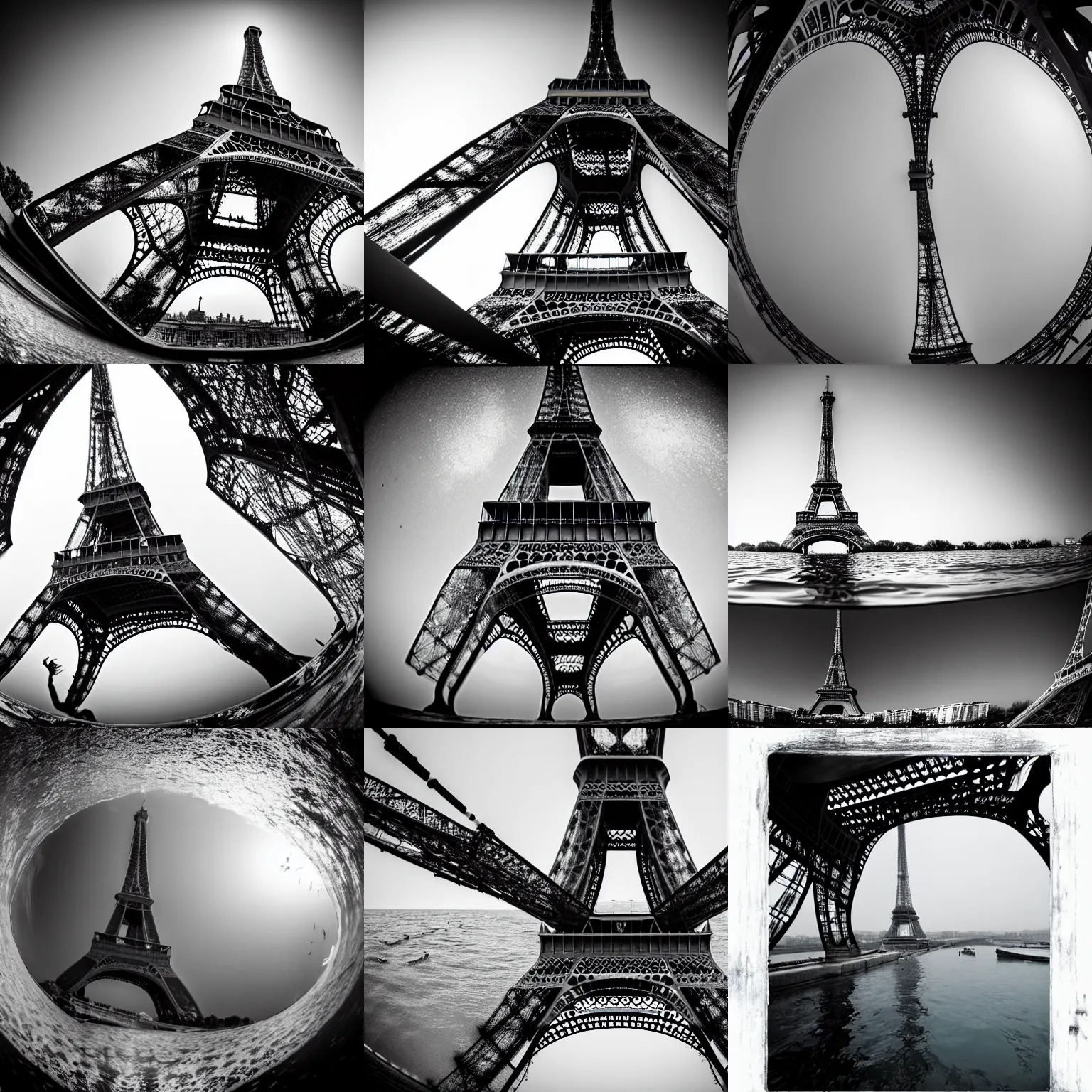 Prompt: underwater photo of base of the eiffel tower, dark ocean water, national geographic submarine, gloomy high quality photography, blurry, polluted, crisp details, sigma 1 0 - 2 0 mm, nikon 1 0 - 2 4 mm, caustic light, aquatic photography, fisheye, water particulate, hazy low contrast