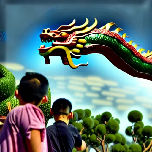 Prompt: people watching a chinese dragon flying in the sky, hyperrealistic, 3 d
