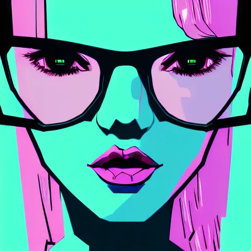 Prompt: lo-fi cyberpunk illustration of an attractive young woman with dark hair, blue eyes, thick rim glasses, symmetrical, blade runner style, pink, blue, purple, teal, neon