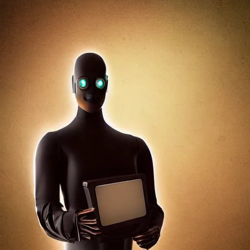 Prompt: a man with a vintage computer monitor for a head award winning cyber punk art, uncanny valley, detailed face, sci - fi book cover, retro futuristic,
