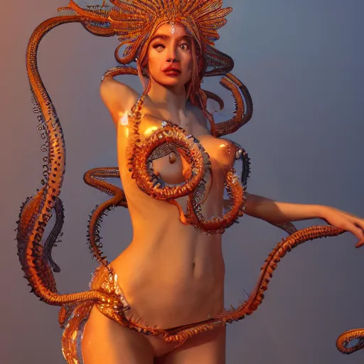 Image similar to Full body photo of the most beautiful goddess, she has a jellyfish-phoenix head's and a siren body, some tentacles are touching her by Tooth Wu, trending on Artstation, digital art, symmetrical artwork, cinematic, hyper realism, high detail, octane render, 4k, 8k