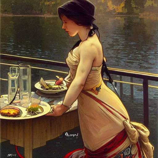 Prompt: journalist in oslo eating a trout, art by artgerm, greg rutkowski and alphonse mucha