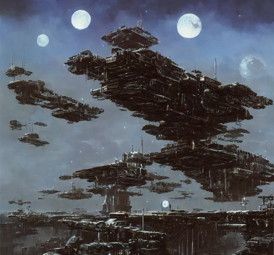 Prompt: metal waning moon matte painting, peter elson, chris foss, john berkey