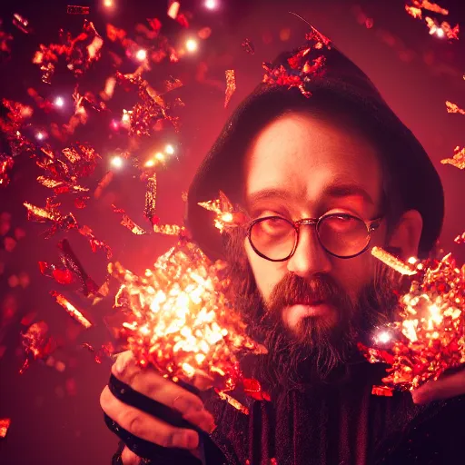 Prompt: young 3 5 years old wizard surrounded by ruby shards, 8 k photography, artstation