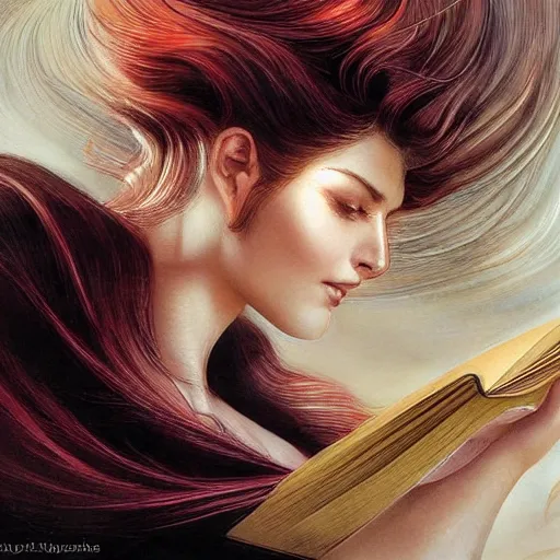 Image similar to a girl reading a book, her hair flowing down, by karol bak, ayami kojima, artgerm, smile, concept art, fantasy