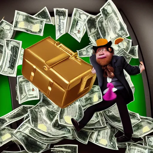 Prompt: photograph of a leprechaun is running out of a bank vault holding a duffel bag overflowing with cash, detailed, 4k