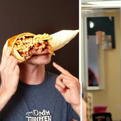 Prompt: Jerma eating a taco bell burrito like a snake, his jaw is unhinged and he has swallowed half of the burrito whole