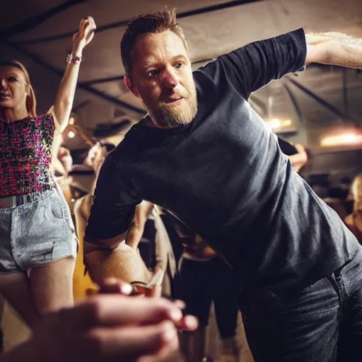 Prompt: photo of a 4 0 year old white man living thinking he's living the best life possible. he looks young for his age. he is at a dance club, it's as if he were in a music video. sadly he did not realize there is more to life. woman are flocking to him and can be seen dancing around him in a seductive manner.