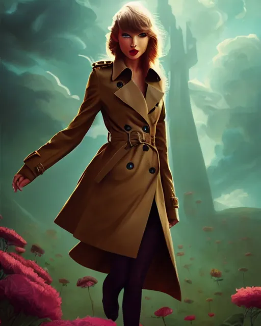 Image similar to taylor swift wearing fashionable trench coat, auburn flower storm, volumetric lighting, jesper ejsing, artgerm, petros afshar, tom whalen