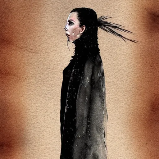 Image similar to full body detailed watercolor illustration of alien anya taylor - joy mixed with jennifer connelly, unsettling, hooded long black feathered cloak, uncanny valley, with black feathers instead of hair, gothic, guillermo del toro, gray mottled skin, pale and sickly, profile view, - - ar 9 : 1 6