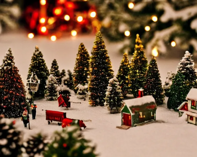 Image similar to dream a miniature festive and christmas village in the snow, tilt - shift, lit up christmas trees, winter atmosphere, soft filter, photography, depth of field