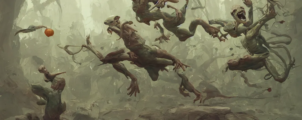 Image similar to duotone olive green grey illustration 3 / 4 portrait of gollum kun fu fighting with giant amphibians dynamic chaotic composition accidental renaissance golden ratio. by sachin teng and sergey kolesov and ruan jia and heng z. graffiti art, scifi, fantasy, hyper detailed. octane render. concept art. trending on artstation