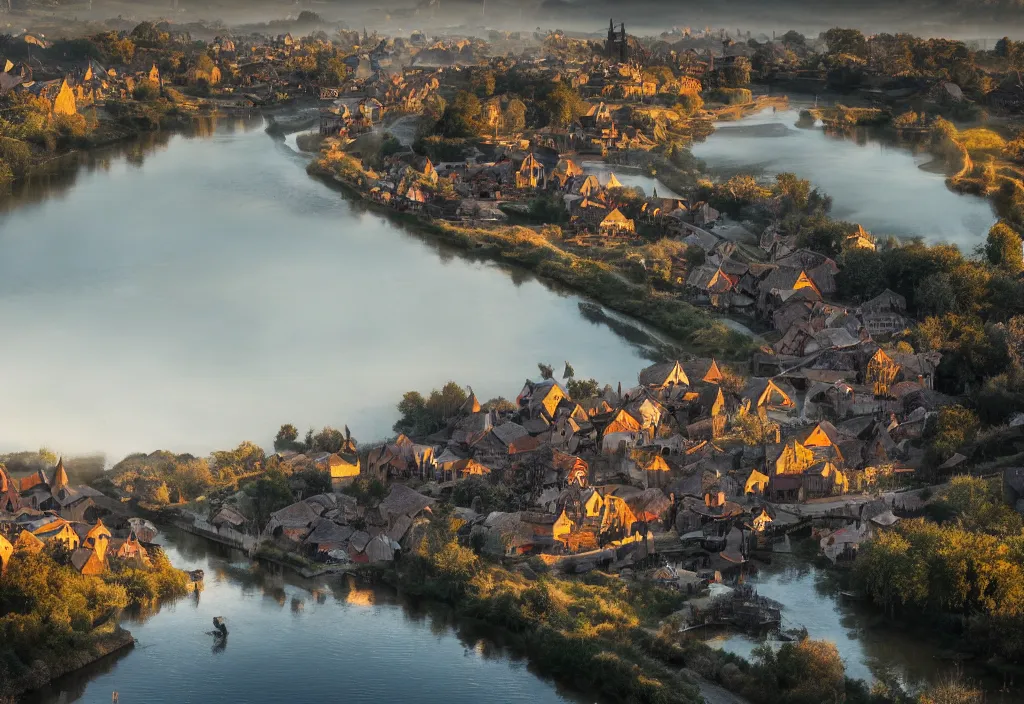 Image similar to a fantastic medieval township on the banks of a giant river, morning, beautiful, high contrast, 4 k, cinematic