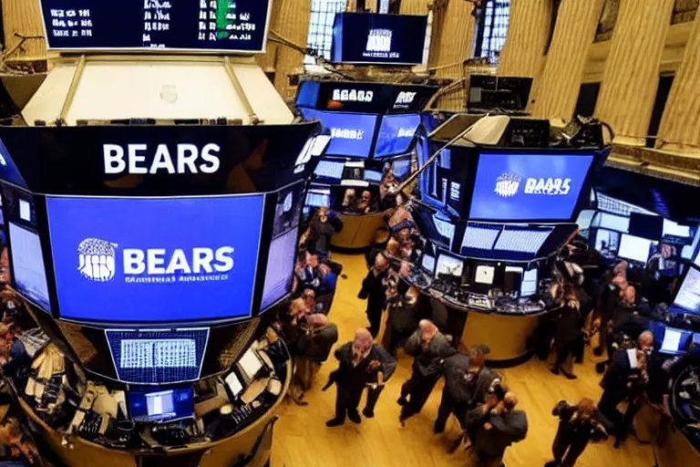 Image similar to bears screaming on the floor of the NYSE as the markets rally to all-time-highs, high definition color photograph