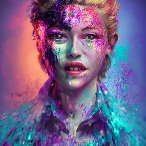 Image similar to women portrait made out of exploding paint, short hair, octane render, highly detailed, realistic, tim burton and bob ross comic book art, matte painting, holographic