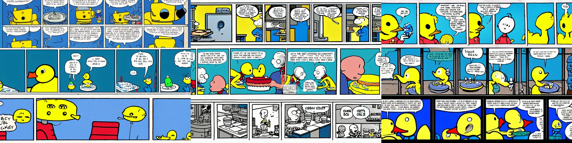 Prompt: short cartoon strip, blue robot bakes a cake for yellow duck, by bill watterson