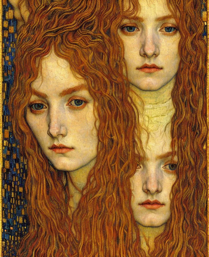 Image similar to detailed realistic beautiful young medieval queen face portrait by jean delville, gustav klimt and vincent van gogh, art nouveau, symbolist, visionary, gothic, pre - raphaelite, muted earthy colors, desaturated