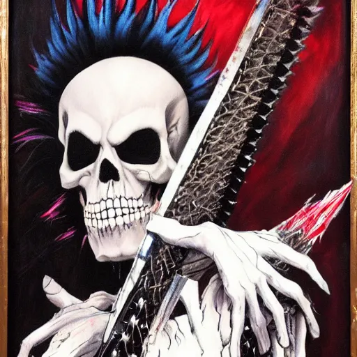 Image similar to a portrait of the grim reaper as a punk rocker playing an electric guitar, punk, skeleton face, mohawk, dark, fantasy, leather jackets, spiked collarsand wristbands, piercings, boots, ultrafine detailed oil on canvas painting by frank frazetta and vito acconci and and takeshi obata, death note style, symetric body, sharp focus