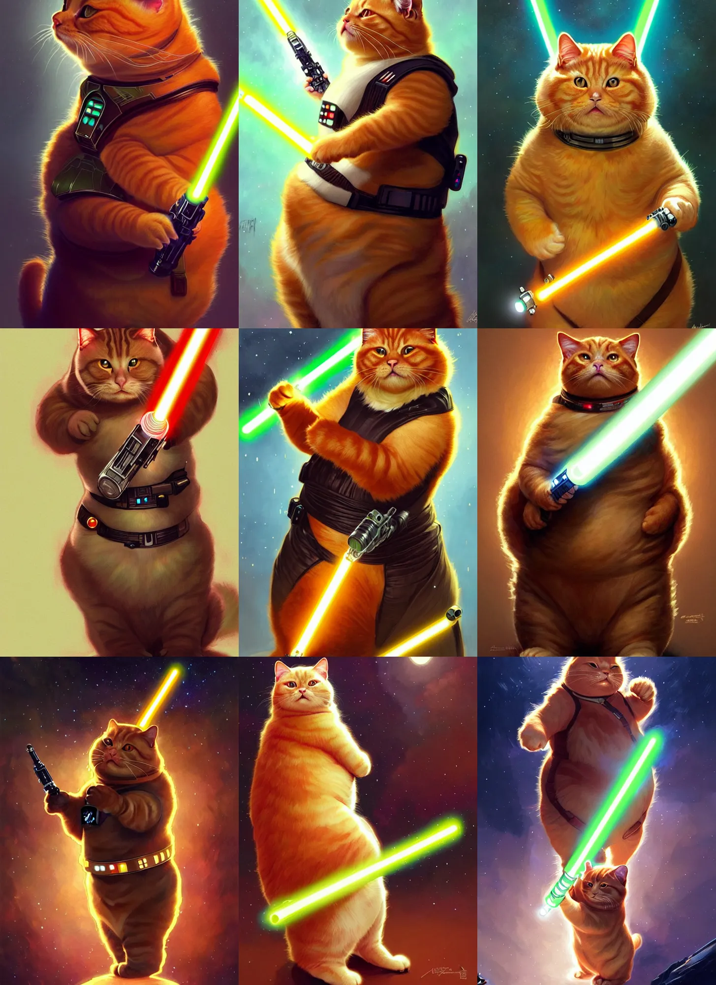 Prompt: a fat ginger cat holding a lightsaber, star wars outfit, beautiful glowing lights, sci - fi, stunning, intricate, elegant. highly detailed, digital painting. artstation. smooth. sharp focus. illustration. art by artgerm and greg rutkowski and alphonse mucha