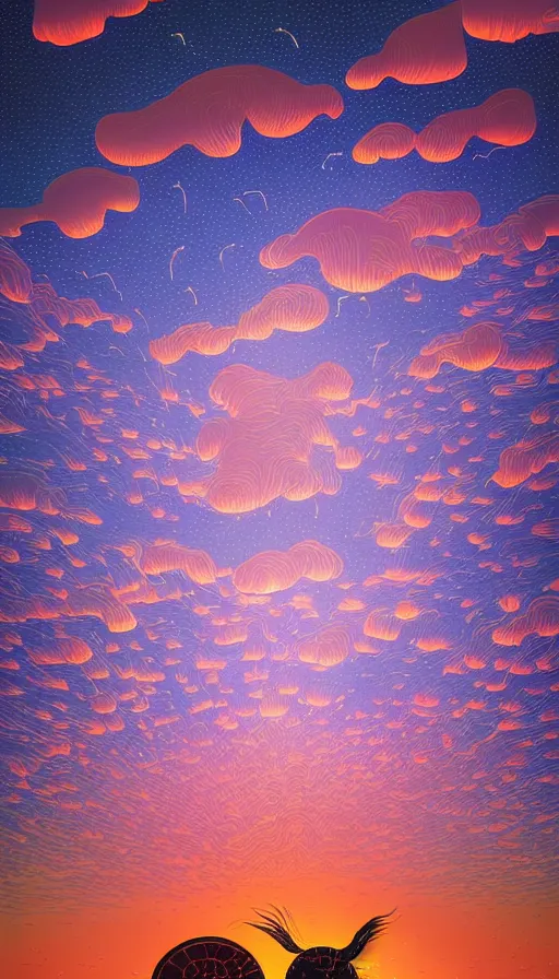 Image similar to thousands of little luminous jellyfishes floating on cosmic cloudscape at sunset, futurism, dan mumford, victo ngai, kilian eng, da vinci, josan gonzalez