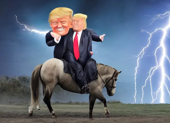 Image similar to obese donald trump riding a horse in the sky, lightning in background, shooting fireballs