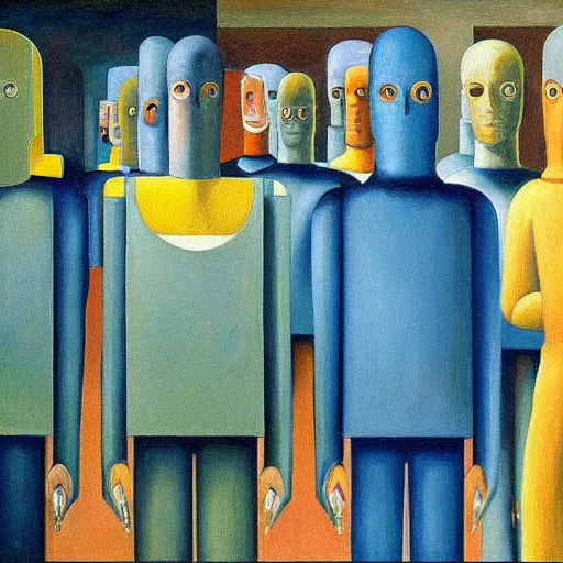 Image similar to queue of super - intelligent robots with kind eyes portrait, grant wood, pj crook, edward hopper, oil on canvas