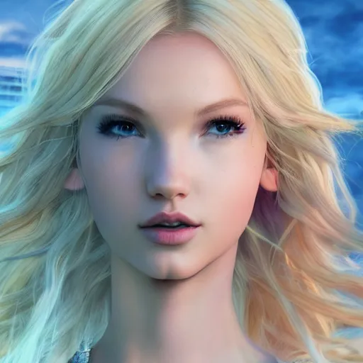 Image similar to a mix between dove cameron and taylor swift as terra from final fantasy 3, color page, tankoban, 4 k, tone mapping, akihiko yoshida, james jean andrei riabovitchev marc simonetti, yoshitaka amano, long hair, curly, h. hydrochaeri