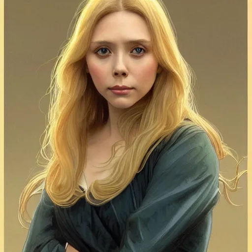 Image similar to Young blonde elizabeth olsen, highly detailed, digital painting, artstation, concept art, smooth, sharp focus, illustration, ArtStation, art by artgerm and greg rutkowski and alphonse mucha and J. C. Leyendecker and Edmund Blair Leighton and Katsuhiro Otomo and Geof Darrow and Phil hale and Ashley wood and Ilya repin and Charlie Bowater