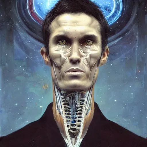 Image similar to surreal portrait of a man by Greg Rutkowski, symmetrical face, he is about 50 years old, short black hair with bangs, his features are a mix between French, Turkish and Russian, transformed into a kind of biomechanical transhuman god, blue glowing eyes, expression of epiphany and determination, cosmic void background, frightening, fascinating, highly detailed portrait, digital painting, book cover, artstation, concept art, smooth, sharp foccus ilustration, Artstation HQ