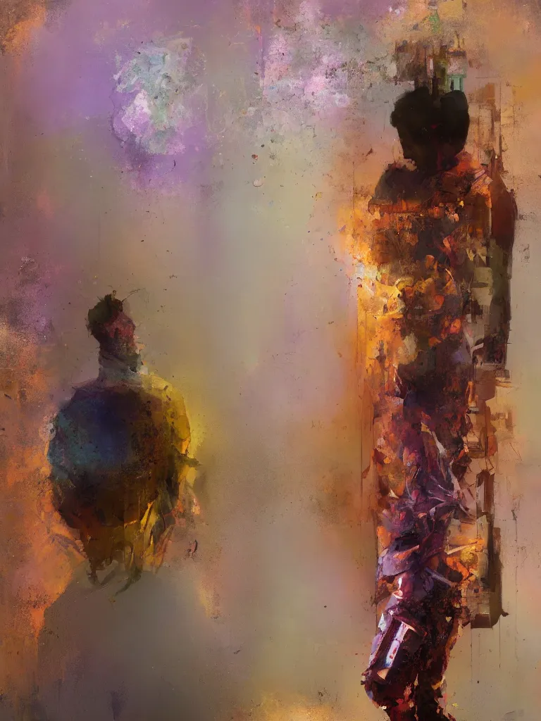 Image similar to a beautiful glitched oil painting by robert proch of a man standing with his phone in front of a bathroom mirror, anatomy study of the human nervous system, color bleeding, pixel sorting, copper oxide and rust materials, brushstrokes by jeremy mann, cold top lighting, pastel purple background