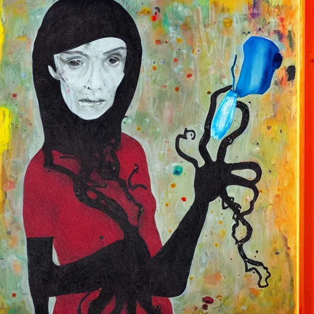 Image similar to a portrait in a dark apartment, a widow holding an octopus, milk, berries, broken bottles, metaphysical, neo - expressionism, surrealism, acrylic and spray paint and oilstick on canvas